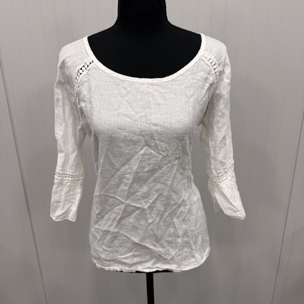Bellambia Women's Medium White 100% Linen Lace 3/4 Sleeve Blouse